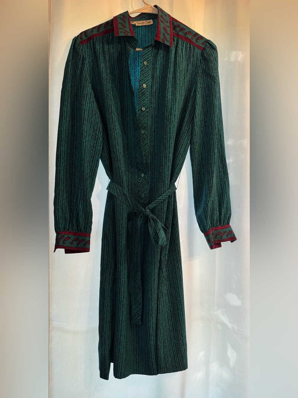 VINTAGE Schrader sport Teal Green Long-Sleeve Shirt Dress with Tie women’s 12